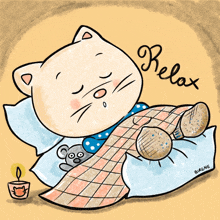 a cartoon drawing of a cat sleeping with a candle and the word relax below it