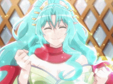 a girl with long blue hair and a red scarf is smiling