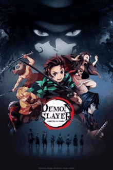 a poster for demon slayer shows a group of people standing next to each other .