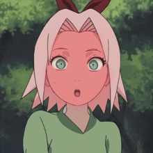 a girl with pink hair and green eyes is surprised