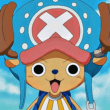 tony tony chopper from one piece wearing a blue hat with an x on it