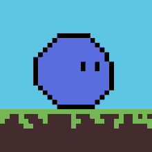 a pixel art drawing of a blue sphere with two eyes