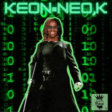 a man with dreadlocks is standing in front of a matrix background with the words keon-neo.jk