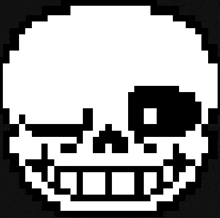 a black and white pixel art drawing of a skull with a smile on its face .