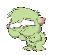 a green cartoon character with a sad look on its face