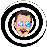 a man with a mustache and euro glasses is surrounded by a black and white spiral