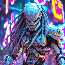 a futuristic robot with dreadlocks and a helmet that says paple