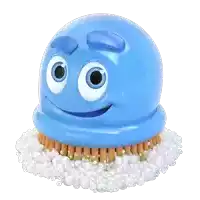 a blue cartoon character with a smiley face is cleaning something