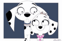 a dalmatian dog and a dalmatian puppy are standing next to each other .