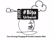 a black and white drawing of a person riding a bike with a sign that says #bita urbana