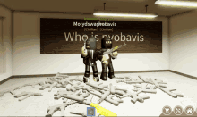 two roblox characters are standing in front of a wall that says who 's nvobavis