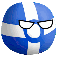 a blue and white ball with an angry face and glasses