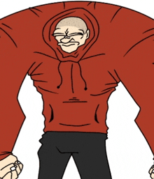 a cartoon of a man wearing a red hoodie with a bald head