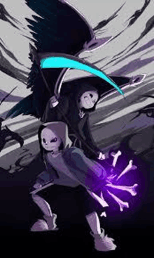 a skeleton is holding a scythe and a sword while a grim reaper is holding a crow .