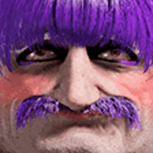 a close up of a man with purple hair and a purple mustache