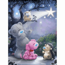 a painting of teddy bears a dog and a hedgehog looking up at a star