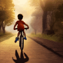 a young boy riding a bike down a road with his shadow on the ground