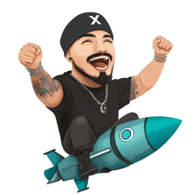 a cartoon of a man sitting on a rocket with a x on his hat