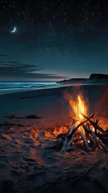 a campfire is burning on a beach at night with a crescent moon in the sky