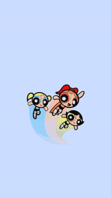 the powerpuff girls are flying in the air on a blue background