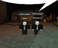 two roblox characters are standing next to each other and talking about collecting their pages