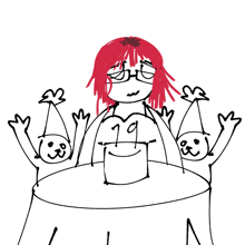 a black and white drawing of a girl with red hair and the number 19 on her chest