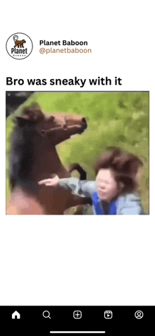 a picture of a woman pointing at a horse with a caption that says bro was sneaky with it