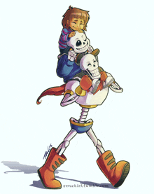 a drawing of a girl riding on the shoulders of a skeleton with the name xerachiel.tumblr.com below it