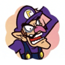 a cartoon drawing of a man wearing a purple hat and glasses .