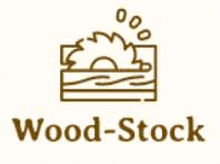 a logo for a company called wood stock with a circular saw blade cutting a piece of wood .