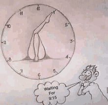 a drawing of a man pointing at a clock that says " waiting for "