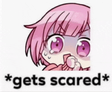 a cartoon of a girl with pink hair and the words `` gets scared ''