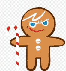 a gingerbread man holding a candy cane on a transparent background .