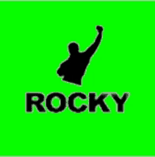 a green background with a black silhouette of a person and the word rocky