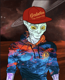 a drawing of an alien wearing a red hat that says galuten the danish guy