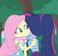 twilight sparkle and fluttershy from my little pony are hugging each other .