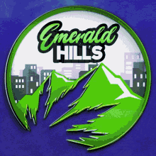 a logo for emerald hills has a green mountain in the middle