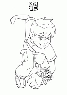 a black and white drawing of a boy from ben 10 holding a watch in his hand .