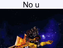 a video game character holding a sword and shield with the words " no u " written above him