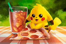 a painting of a pikachu sitting on a slice of pizza next to a glass of iced tea