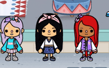 three cartoon girls are standing next to each other and one of them is wearing a rob shirt