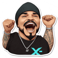 a sticker of a man with his fist in the air and a necklace with the letter x on it