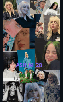 a collage of pictures of billie eilish with the number 28 on the bottom right