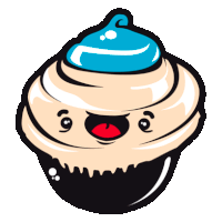 a cupcake with a blue frosting on top has a smiling face on it