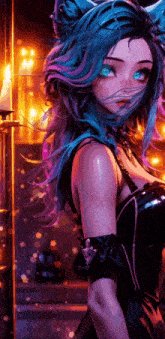 a girl with blue hair and green eyes is standing in front of a candle