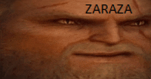 a close up of a man 's face with the word zaraza written on his forehead