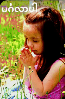 a little girl with her hands folded in front of a field of flowers with a foreign language on the bottom