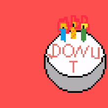 a pixel art drawing of a birthday cake with the word domu written on it