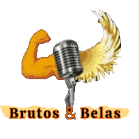 a logo for brutos & belas has a microphone with wings