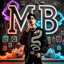 a man stands in front of a neon sign that says mb on it